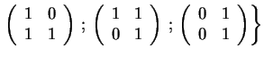 $\displaystyle \left.
\left( \begin{array}{cc}
1 & 0 \\
1 & 1
\end{array} \ri...
..., ; \,
\left( \begin{array}{cc}
0 & 1 \\
0 & 1
\end{array} \right)
\right\}
$
